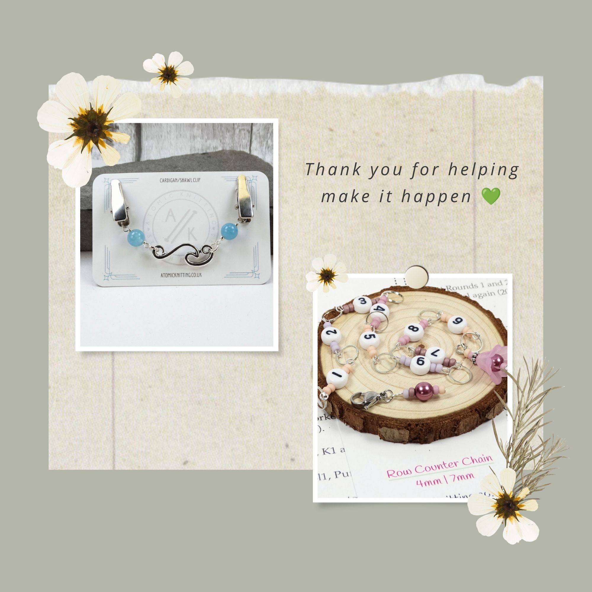 A graphic featuring a wave cardigan clip and flower row counter chain